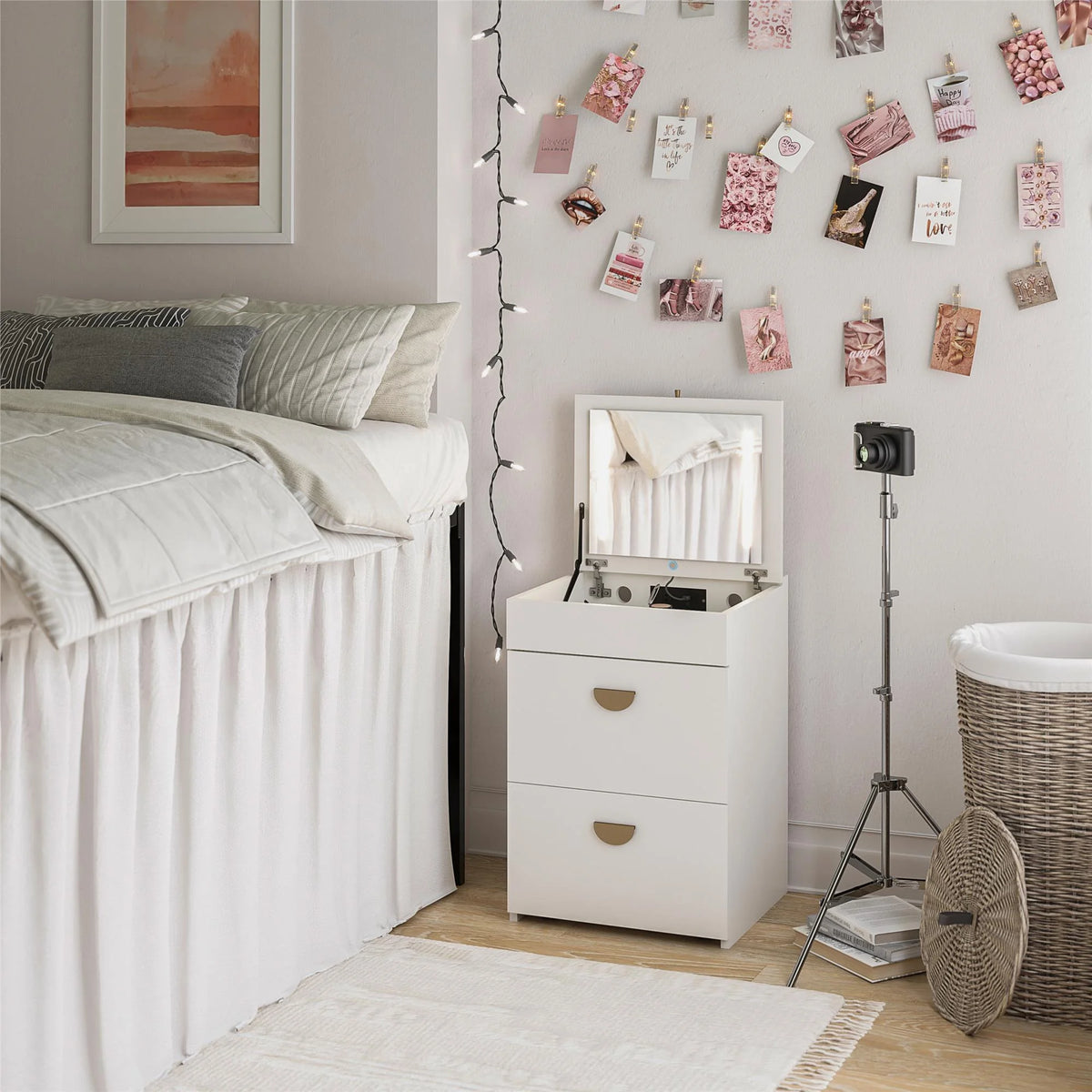 Ameriwood Home Compact 3-in-1 Vanity Set, Makeup Storage Desk & Stool, Mirror w/ LED lights & USB Charging Station, White