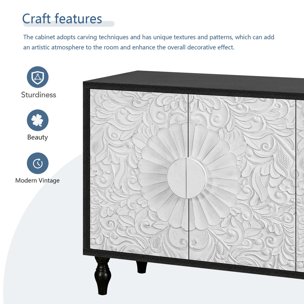 Aukfa 63" Large Accent Storage Cabinet TV Stand with Carved Door for Living Room,Entryway,Natural