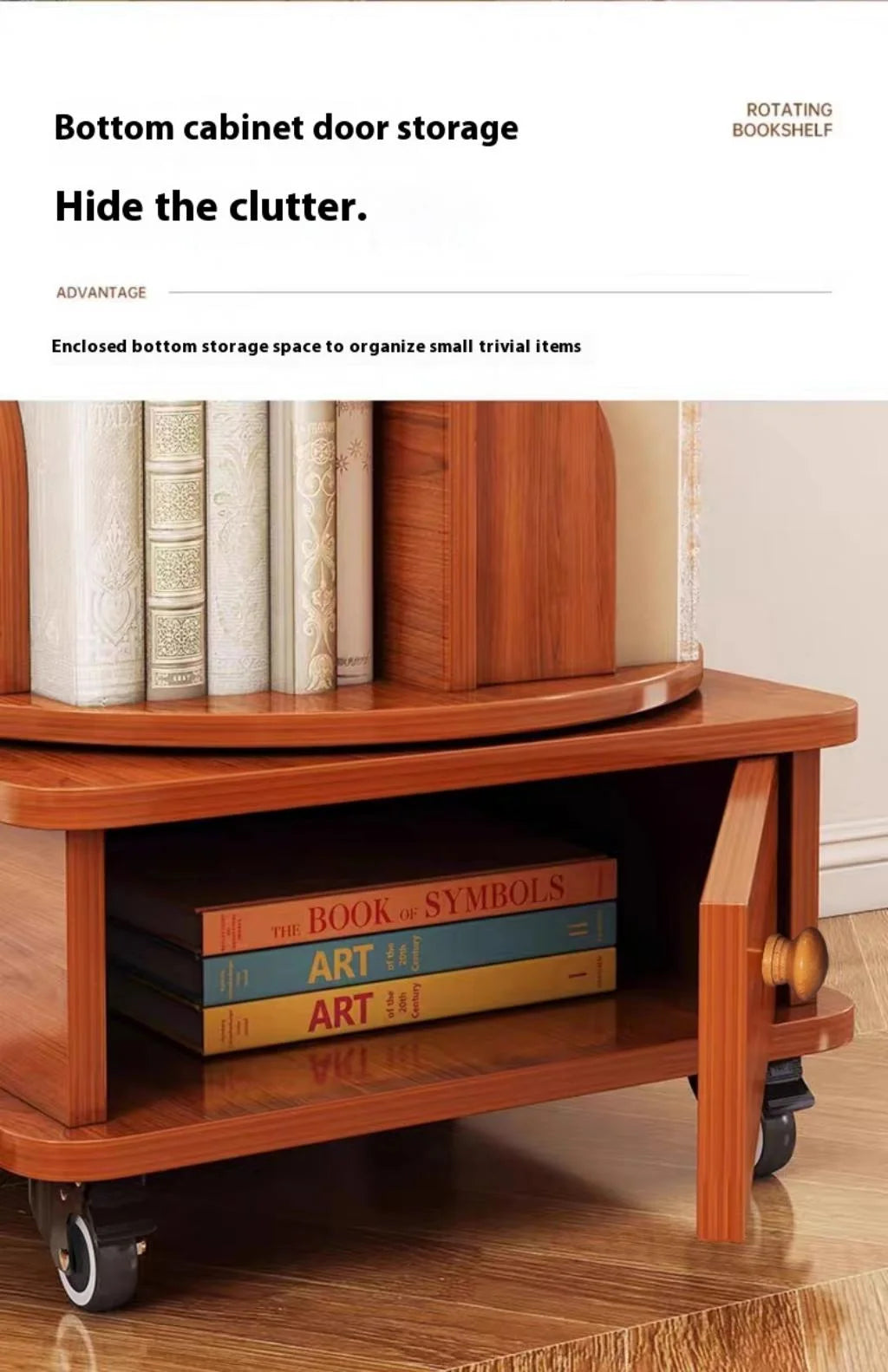 Qiushi 6-Tier Round Rotating Bookshelf with Storage Drawer, 360 Spinning Corner Bookshelf Tower for Small Space, Bookcase Storage Rack with Wheels, Wood Narrow Organizer for Bedroom, Living Room