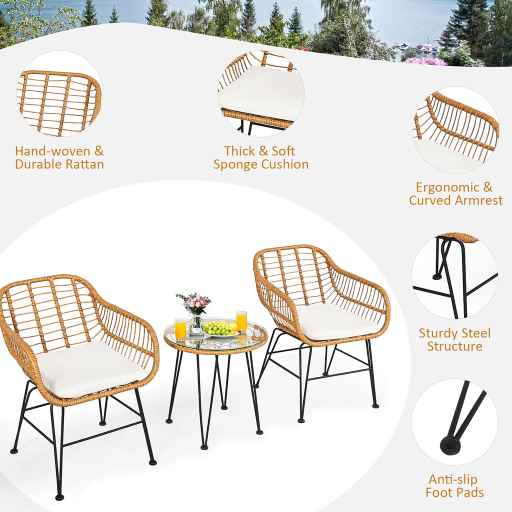 Costway 3PCS Patio Rattan Bistro Furniture Set Cushioned Chair Table Navy