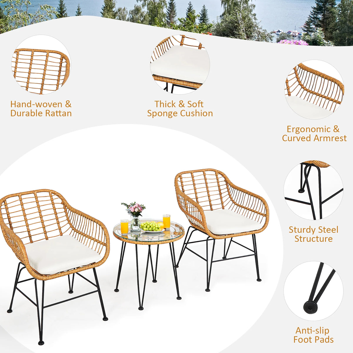 Costway 3PCS Patio Rattan Bistro Furniture Set Cushioned Chair Table Navy