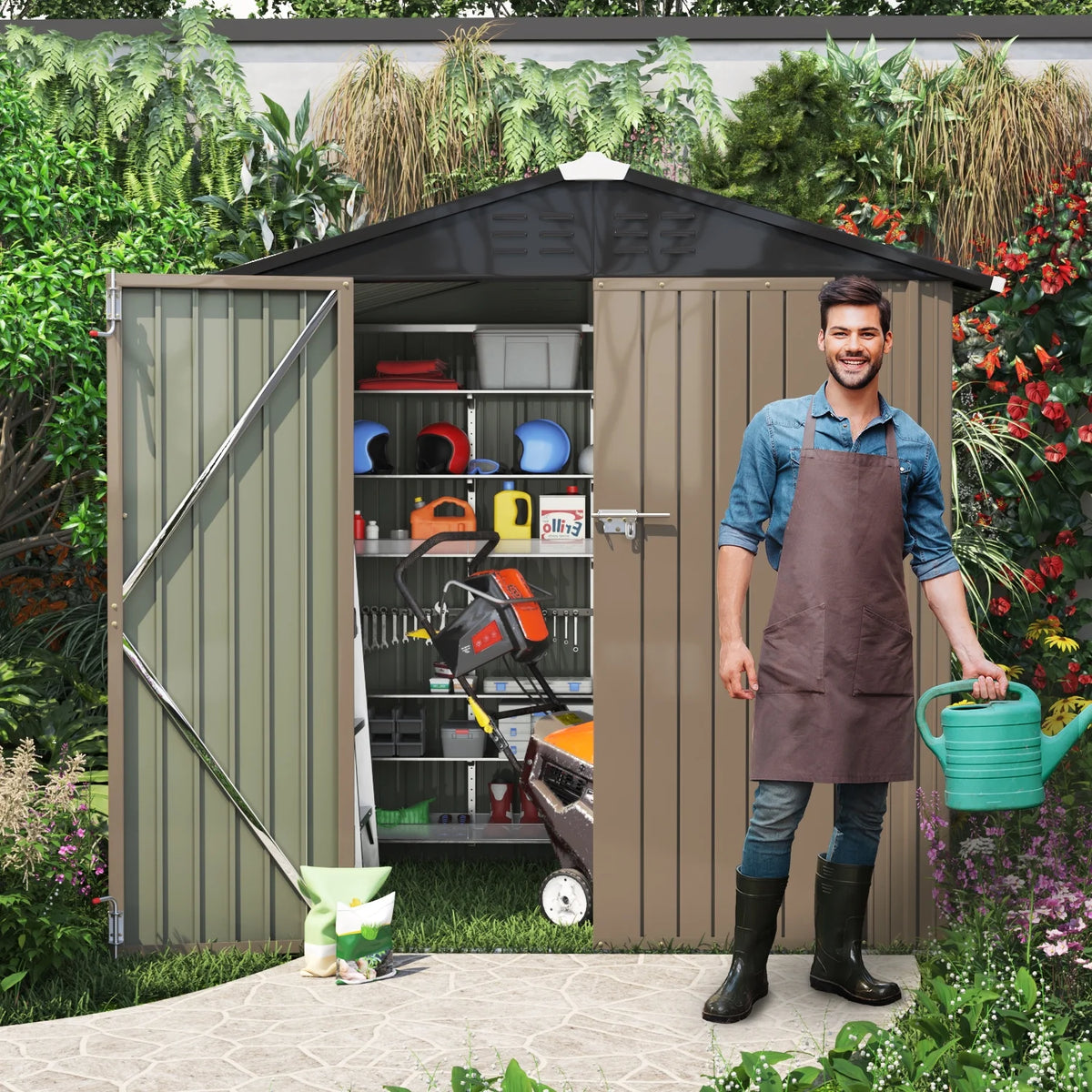 LACOO 4' x 6' Outdoor Storage Metal Shed for Tool Storage, Outdoor House for Backyard & Garden,Brown