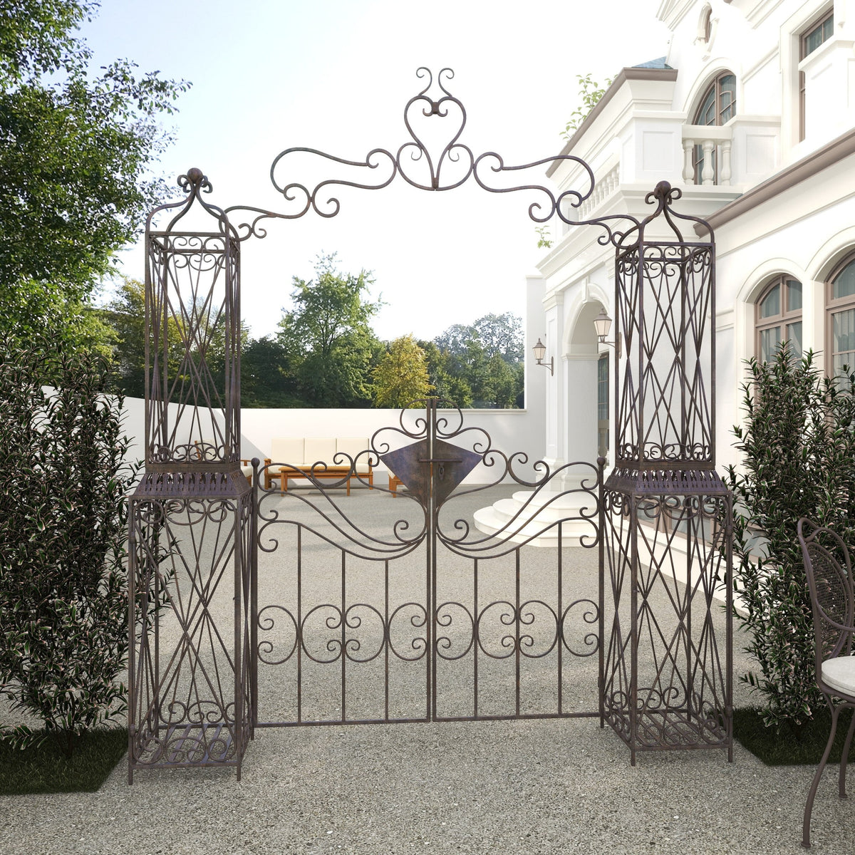 DecMode Traditional Metal Arch with Botanical Design Garden Arbors with Latch Lock Closure, 78"W x 94"H