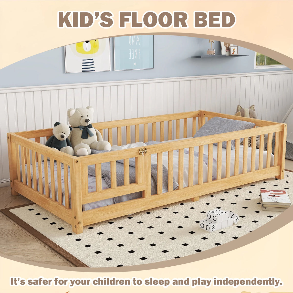 Bellemave Full Size Floor Bed with Door and Fence Floor Bed with Bed Slats Sturdy Wood Floor Bed Montessori Bed Frame (Full, Pink)