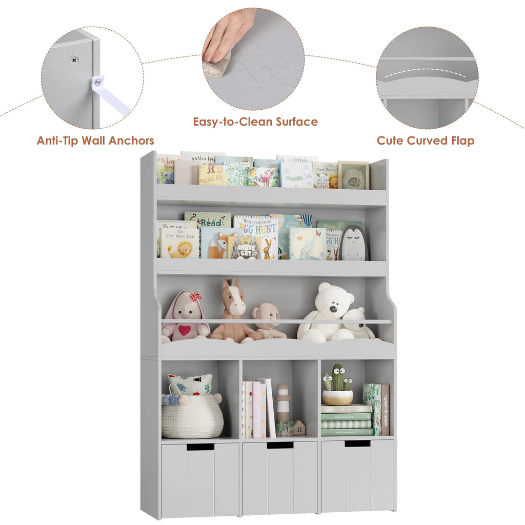 Homfa 55.5 H Kids Bookshelf with 2-Tier Book Shelves, Children Toy Organizer with 3 Cubes and Removable Drawers, White