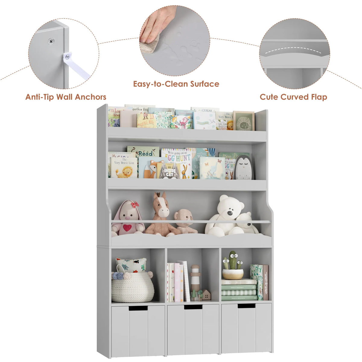 Homfa 55.5 H Kids Bookshelf with 2-Tier Book Shelves, Children Toy Organizer with 3 Cubes and Removable Drawers, White