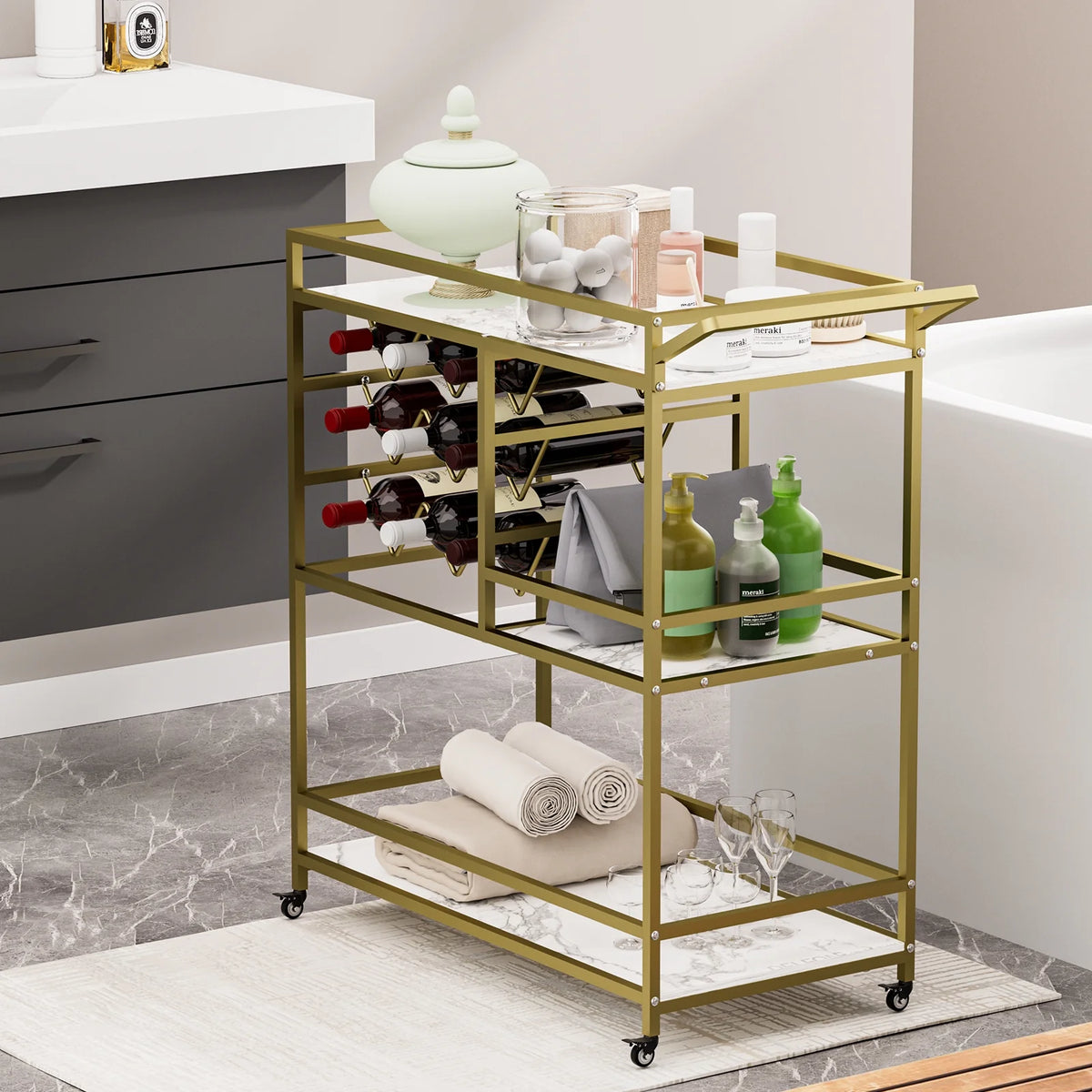 WHIFEA 3-Tier Home Bar Cart with Wine Rack, Mobile Serving Wine Cart on Wheels, Modern Rolling Drink Trolley for Coffee Tea Wine, Beverage Bar Table for Home Kitchen Party, Black