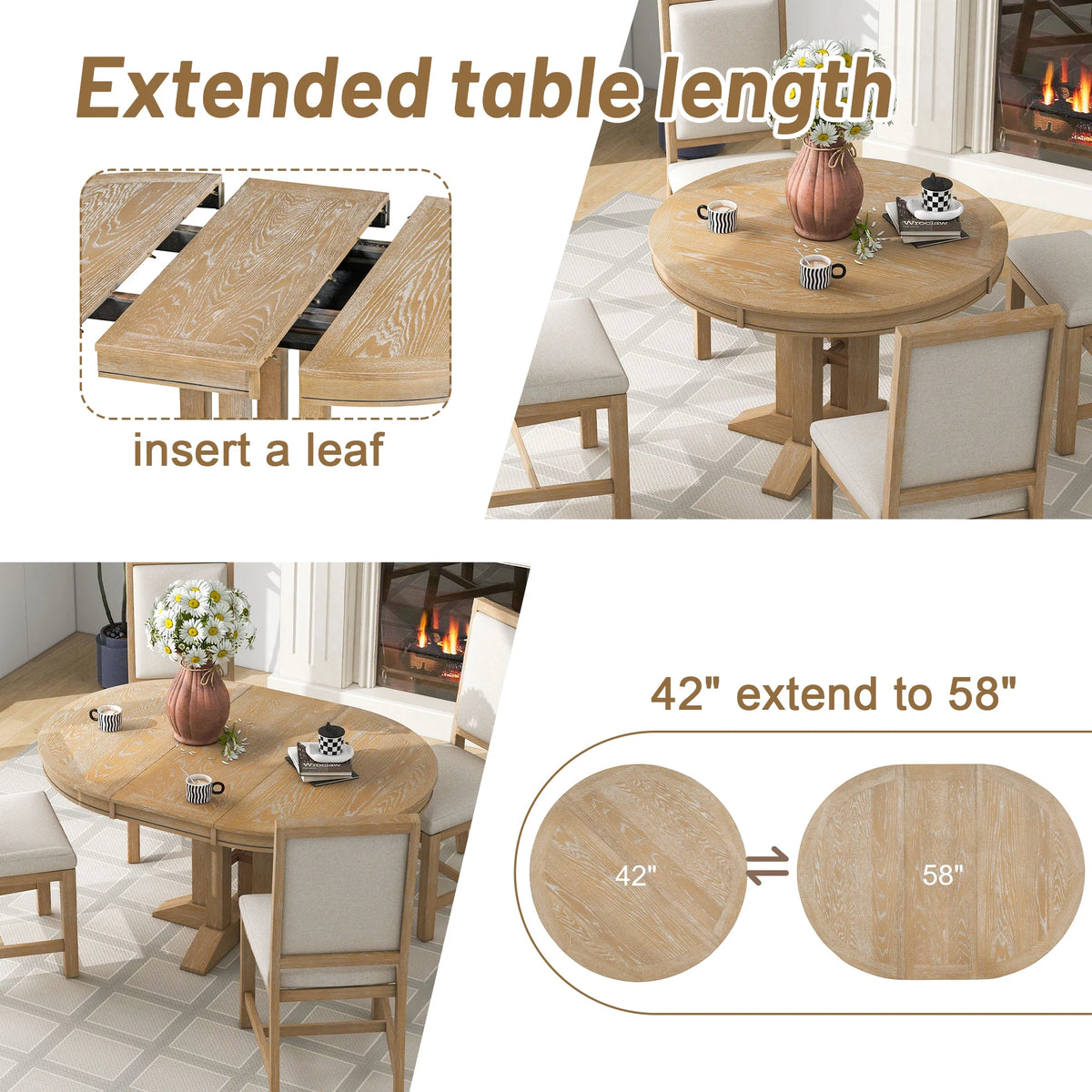 5 Piece Round Dining Table Set, Dining Room Set with Extendable Table and 4 Upholstered Chairs, Wood Dining Table Set for 4, Farmhouse Dining Table Set for Kitchen Dining Room Dorm Apartment, Brown