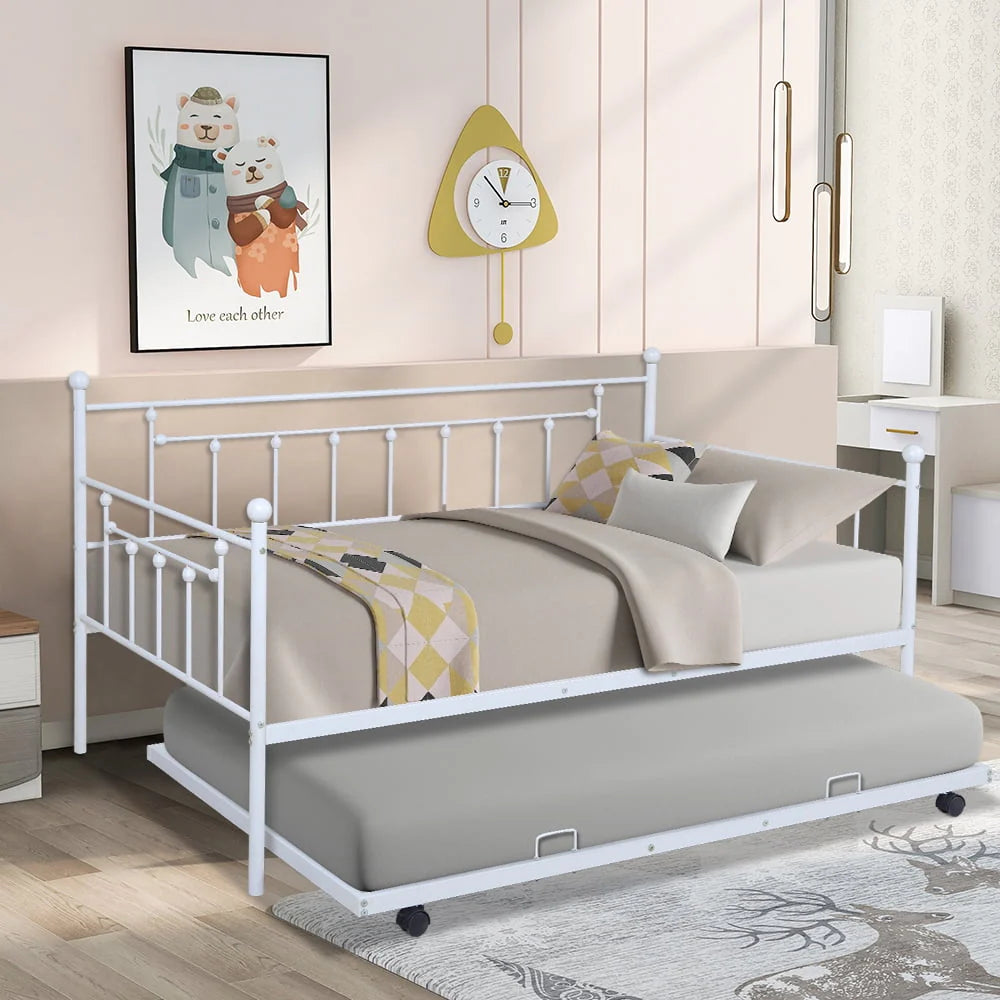 BTMWAY Twin Daybed with Trundle Included, Metal Daybed Frame with Pull Out Trundle Bed, No Box Spring Needed, Twin Size Daybed Sofa Bed for Kid's Room Bedroom, Each Bed Holds 400lb, White