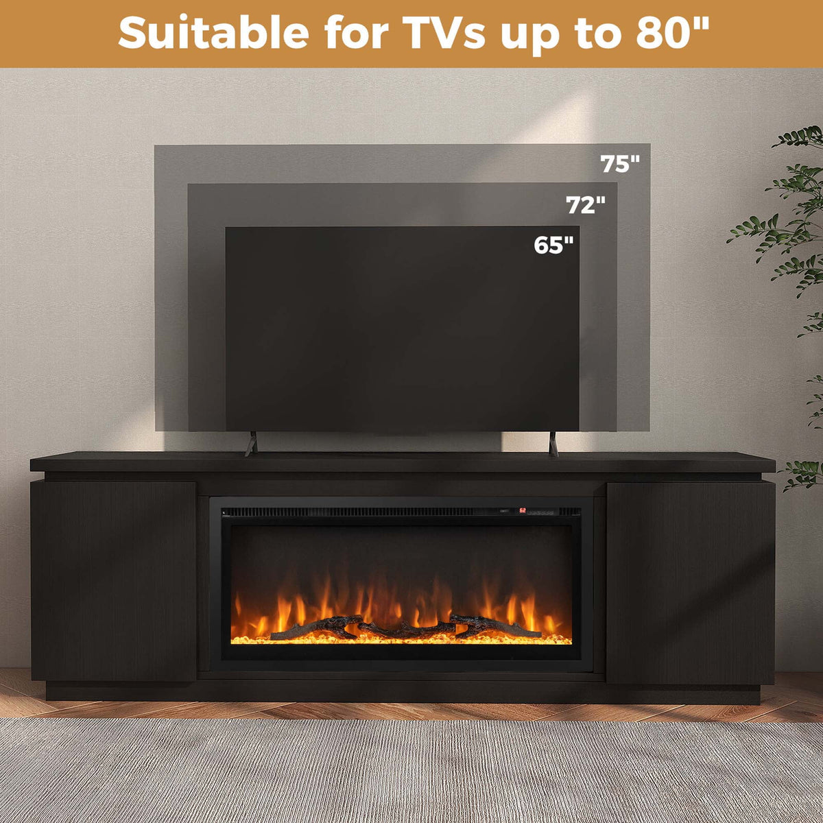 Costway Fireplace TV Stand for TVs up to 80" with Electric Fireplace 3 Adjustable Shelves Black
