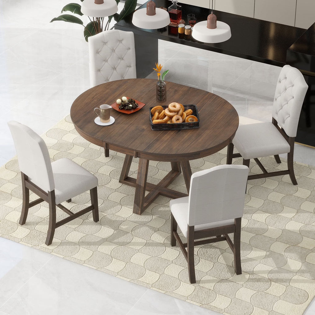5 Piece Round Dining Table Set, Dining Room Set with Extendable Table and 4 Upholstered Chairs, Wood Dining Table Set for 4, Farmhouse Dining Table Set for Kitchen Dining Room Dorm Apartment, Brown