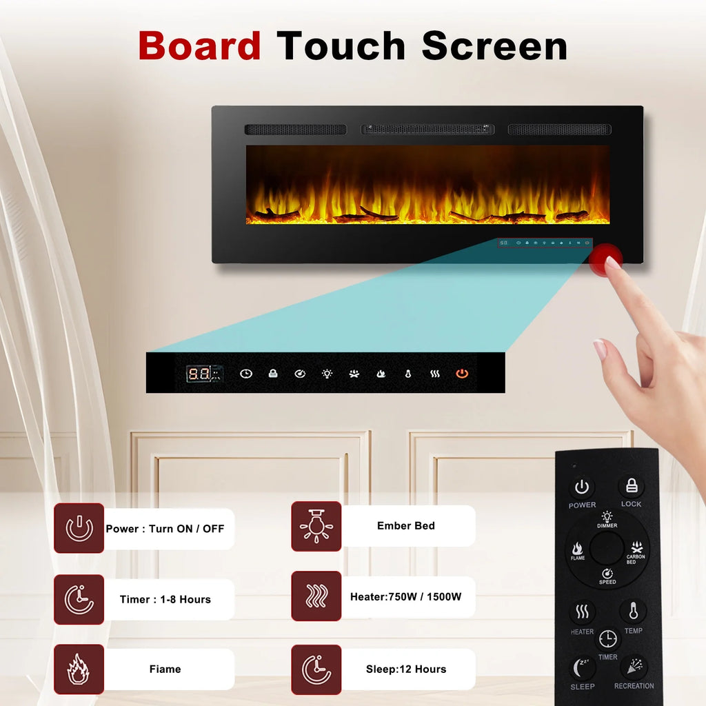 60" Electric Fireplace, Ultra-thin Recessed and Wall Mounted Fireplace, Linear Fireplace with Timer Remote Control Adjustable Flame Color 750w/1500w Black