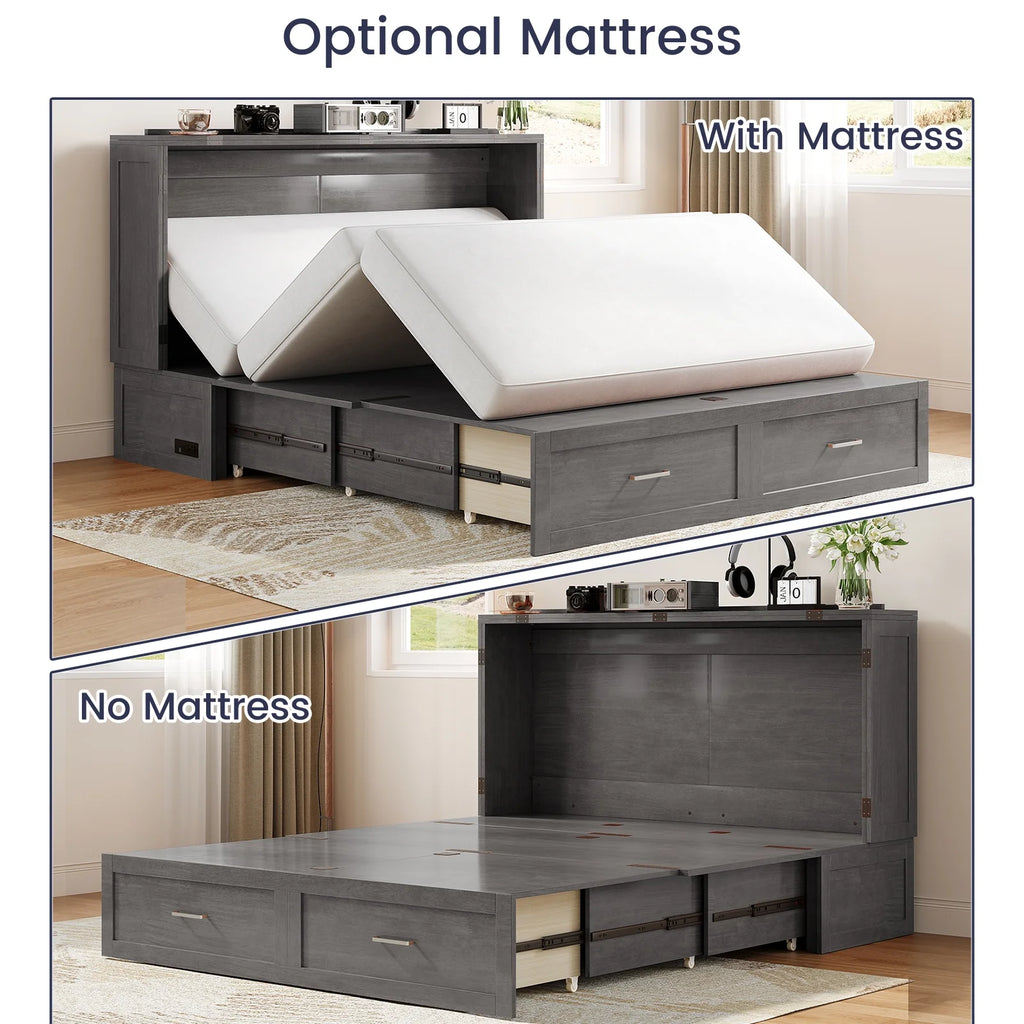 ZAFLY Murphy Bed with Trifold Foam Mattress, Cabinet Bed has USB Charging Station, Convertible Bed with Storage Platform, Cabinet Chest Bed with Large Drawers for Living Room/Bedroom (Grey)