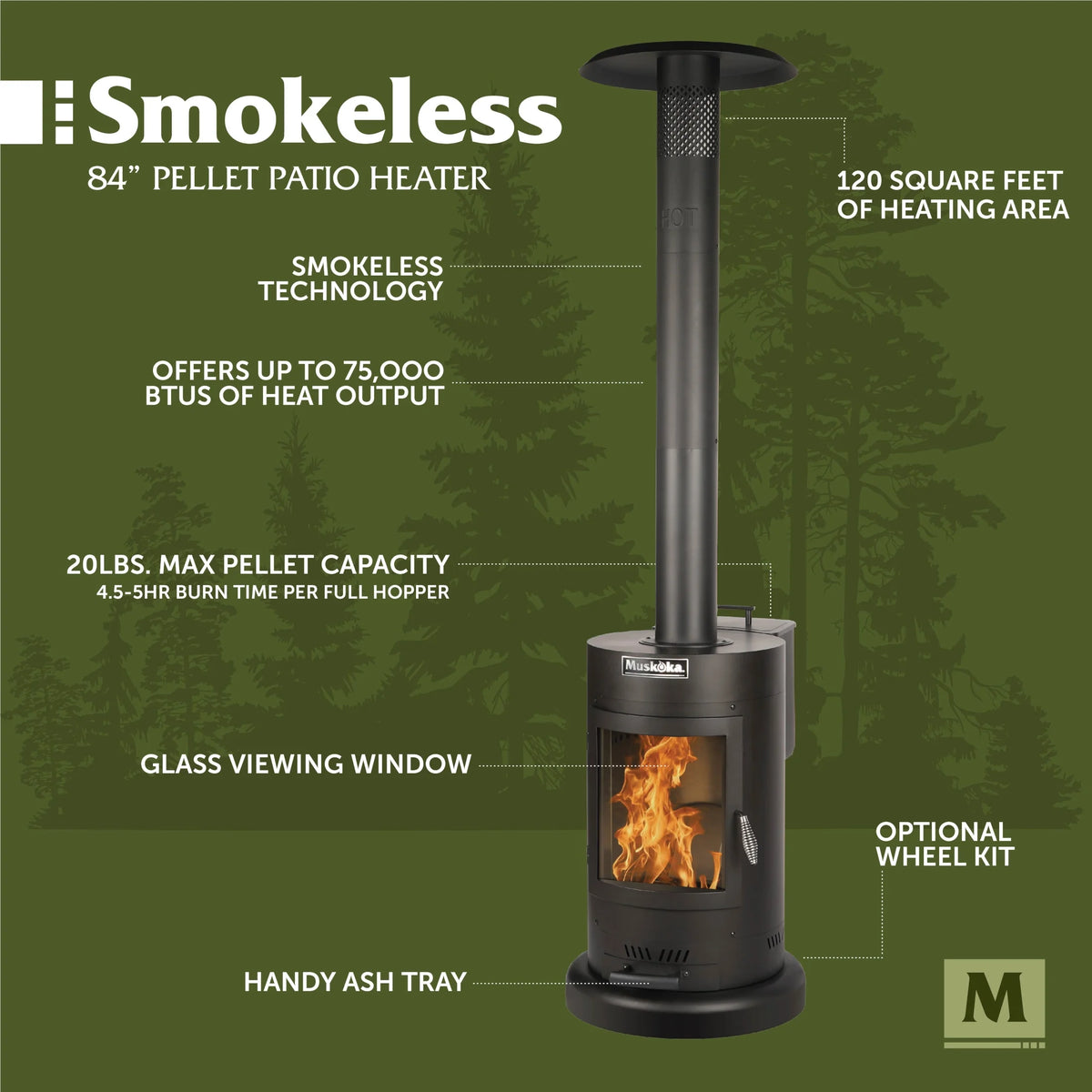 Muskoka 84" High 75,000 BTU Black Steel Wood Pellet Patio Heater