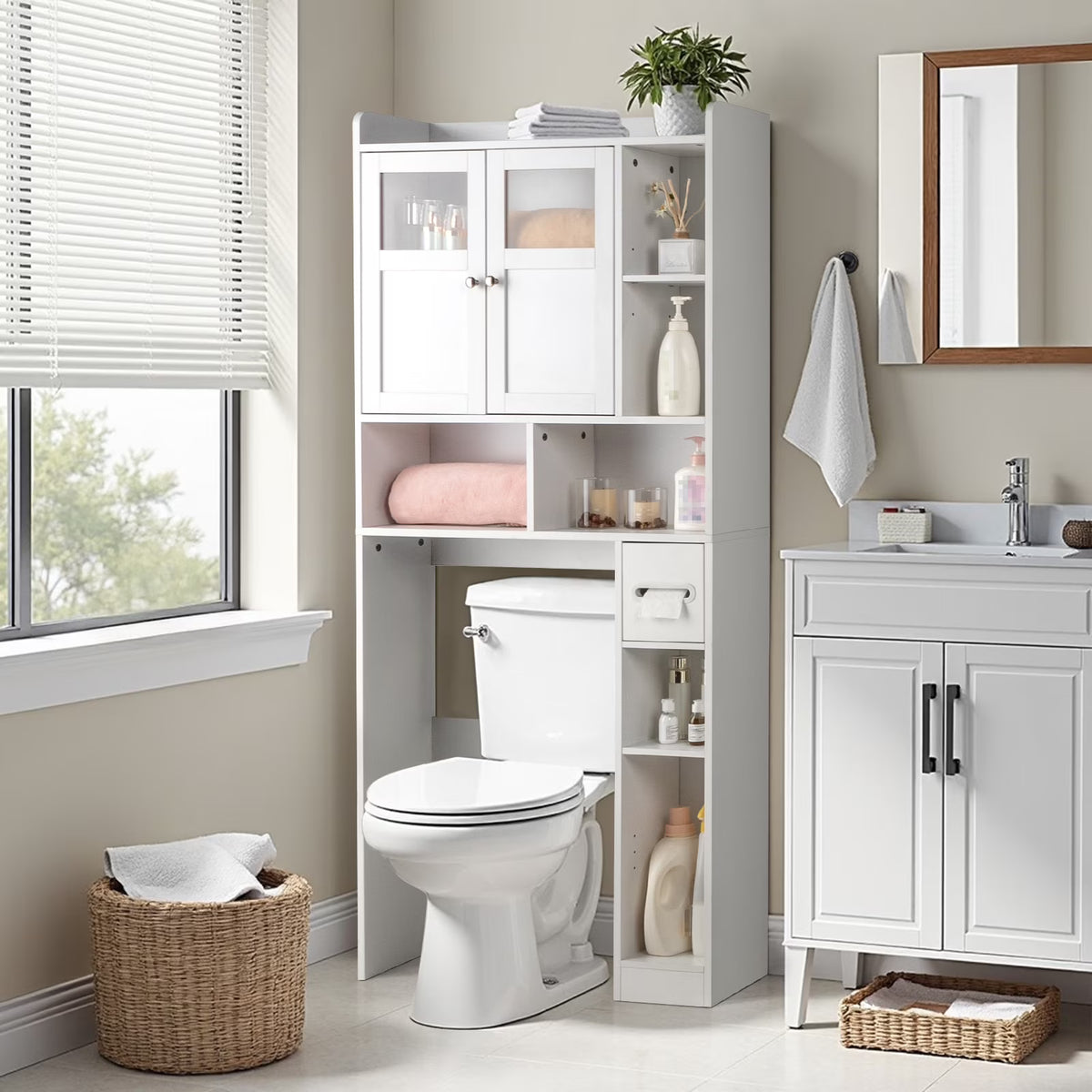 Ktaxon Over the Toilet Bathroom Storage Cabinet with 2 Doors & 3 Storage Shelves Space Saver, White