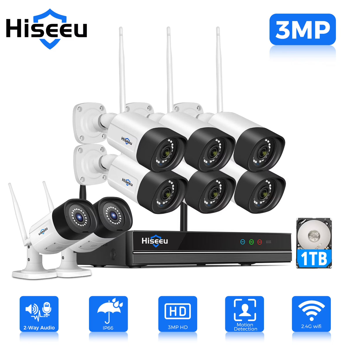 Hiseeu Wireless Security System w/ 4 Cameras, 2 Way Audio, & 1TB Hard Drive