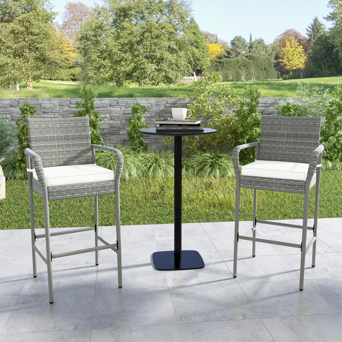 Gymax Set of 4 Rattan Patio Bar Stools Outdoor Bar Height Chairs w/ Cushions