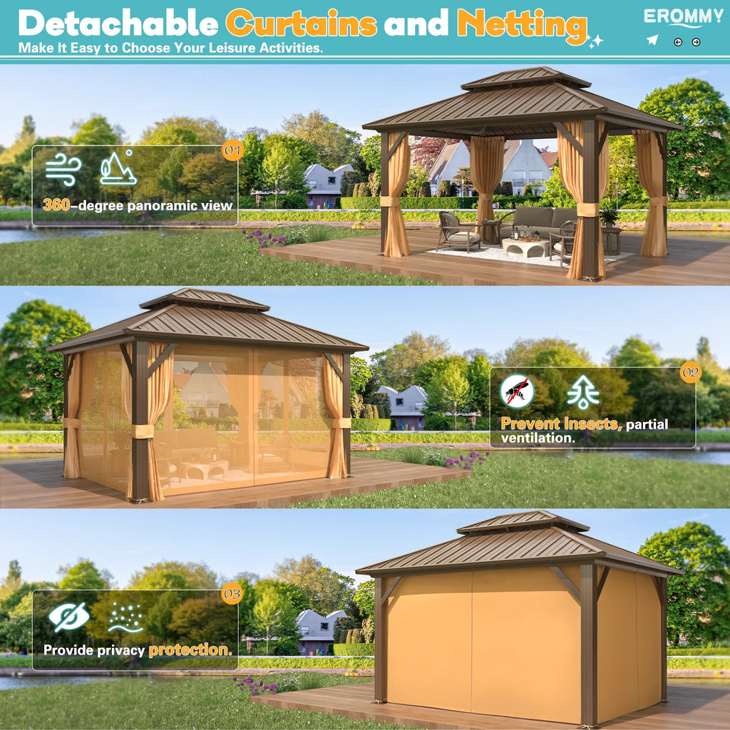 EROMMY 10'x12' Hardtop Gazebo with Galvanized Steel Double Roof & Aluminum Frame