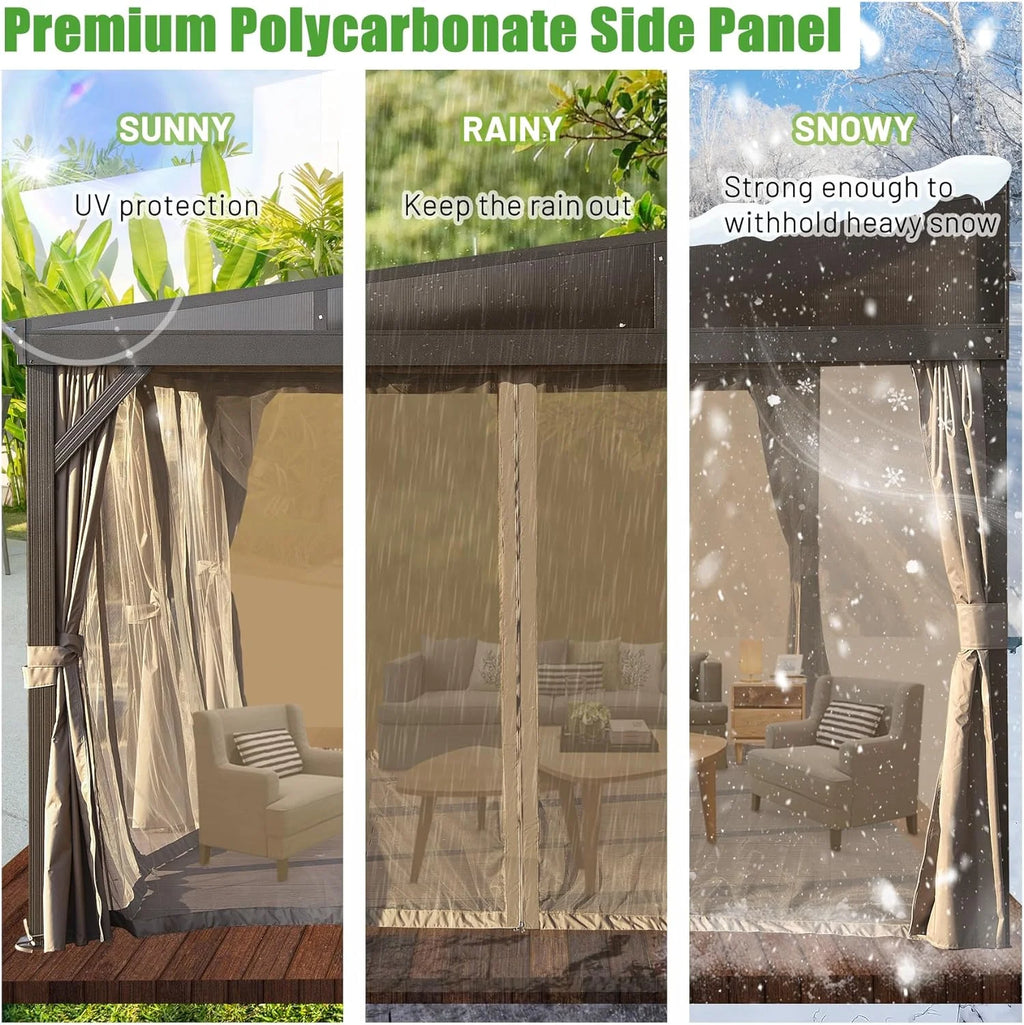 Domi Outdoor Living 10' x 12' Hardtop Lean-to Gazebo, Wall-Mounted with Galvanized Steel Roof Wall Pergola with Aluminum Frame, Curtains and Netting, for Patio, Deck, Garden, Backyard