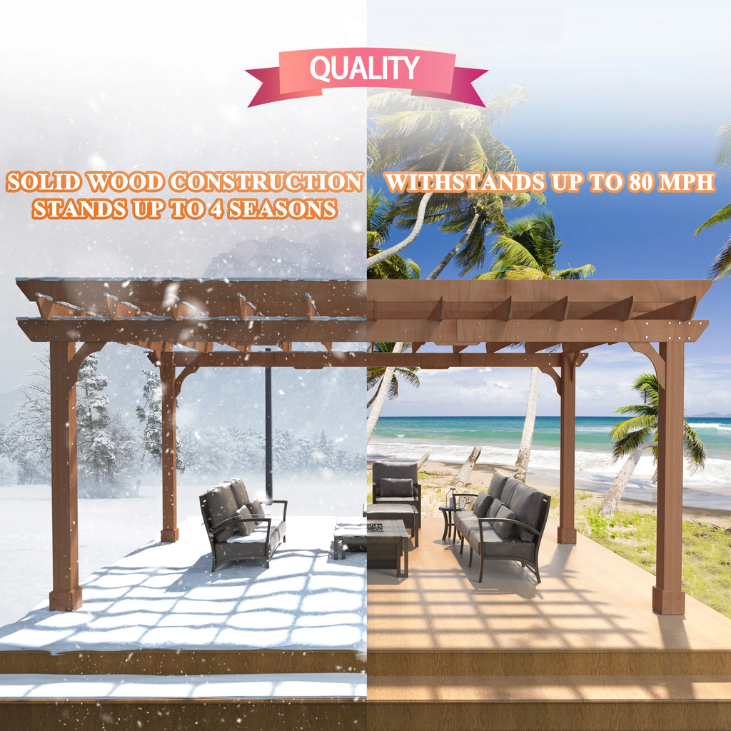 VEIKOUS 12'x10' Cedar Wood Pergola w/ Flat Roof and Ground Stakes for Outdoor Patio, Garden, Deck