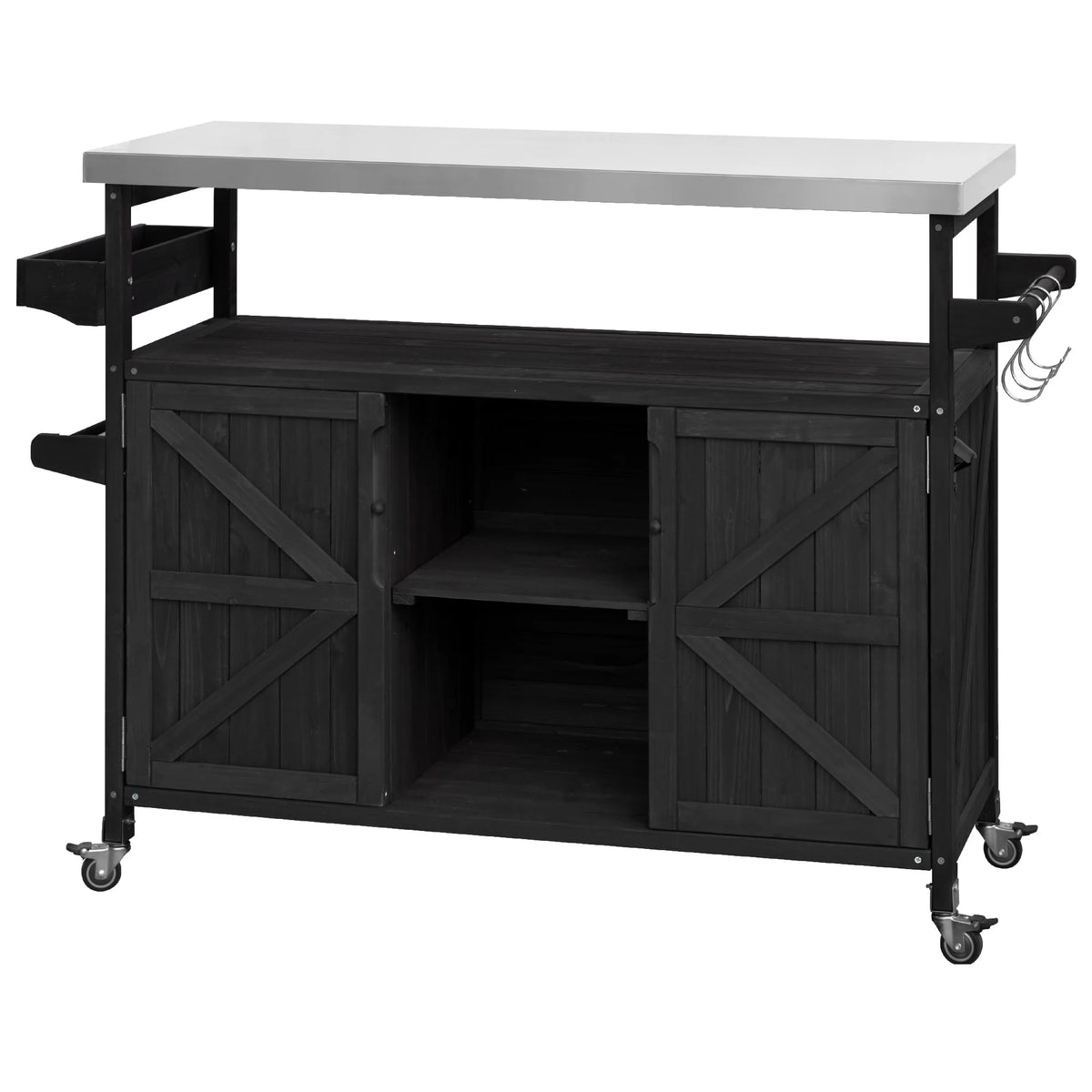Outdoor Kitchen Island, Rolling Bar Cart & Storage Cabinet, Farmhouse Solid Wood Outdoor Grill Table with Stainless Steel Top, Spice Rack , Towel Rack for Kitchen & BBQ , Natural