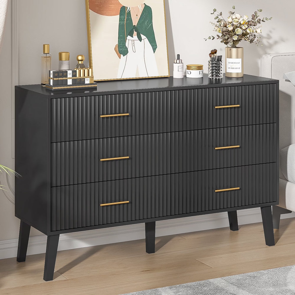 Fluted 6 Drawers Dresser, Wide Modern Chest of Drawers, 6 Drawer Double Dresser