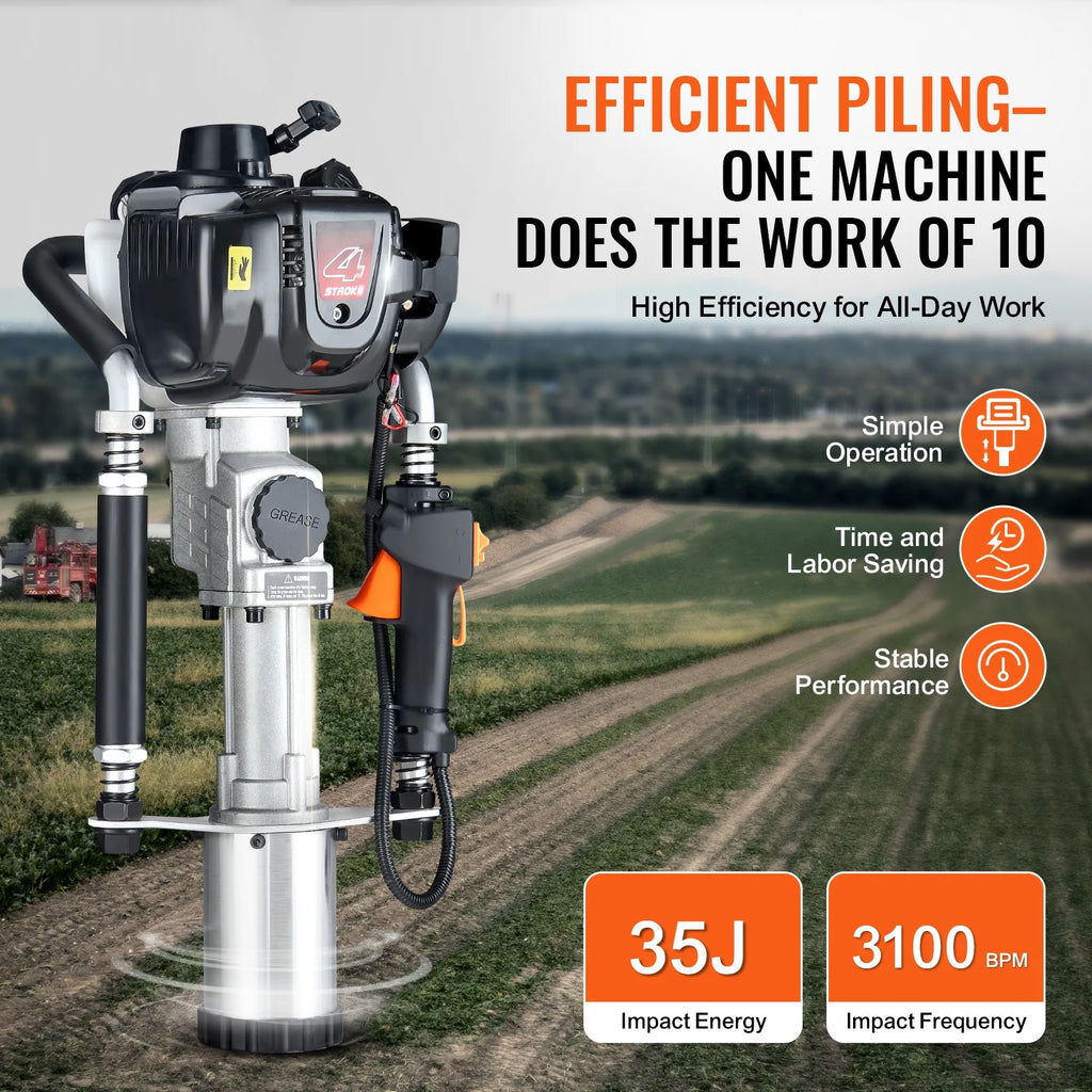SKYSHALO 37.77cc Gas T Post Driver, 4-Stroke Engine, Includes 3 Driving Heads (45/55/88 mm), 1000W, Ideal for Farm Fences & Road Work