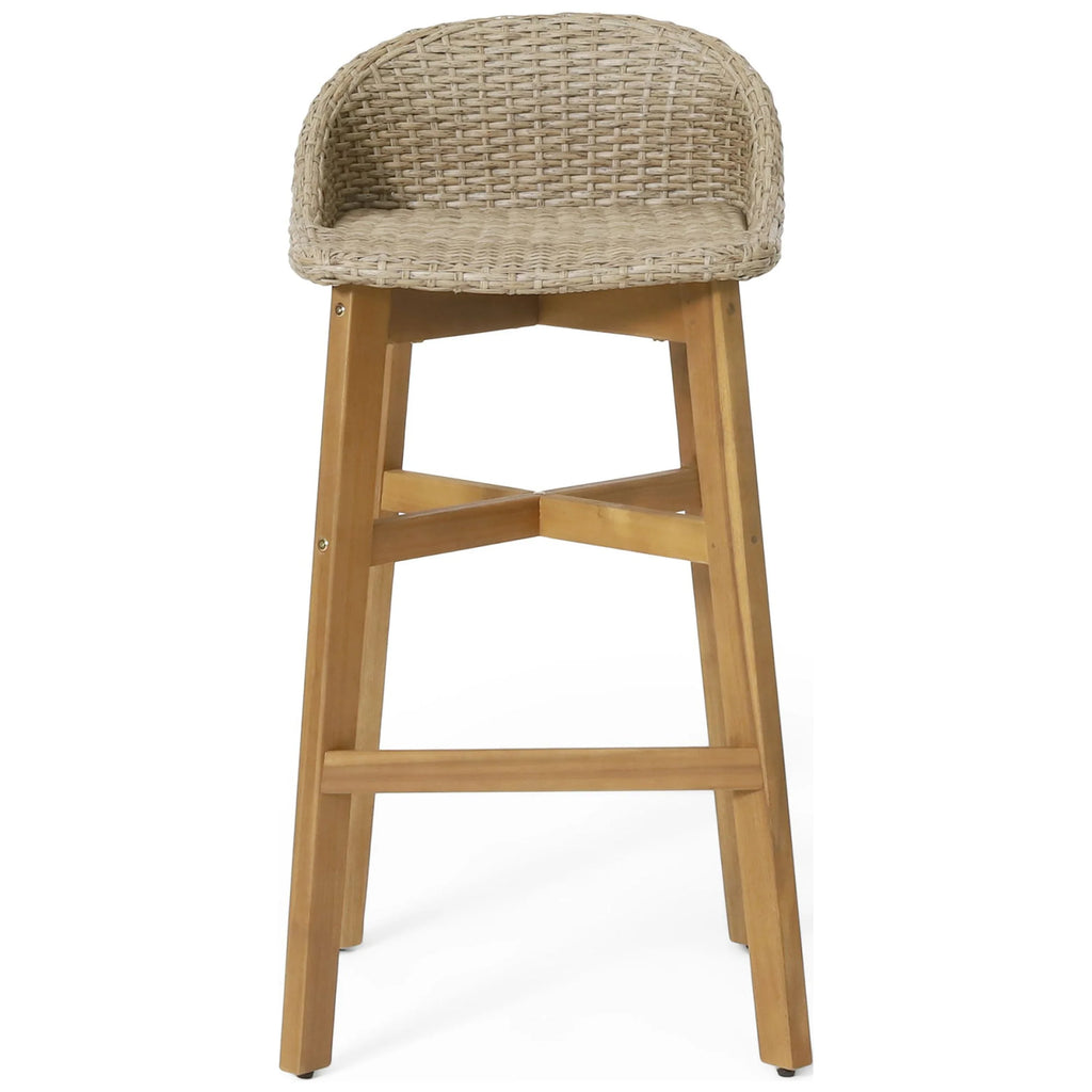 Borah Wicker and Acacia Wood Outdoor Barstools, Set of 4, Light Multibrown and Teak