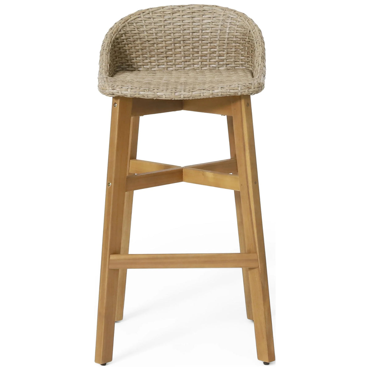 Borah Wicker and Acacia Wood Outdoor Barstools, Set of 4, Light Multibrown and Teak