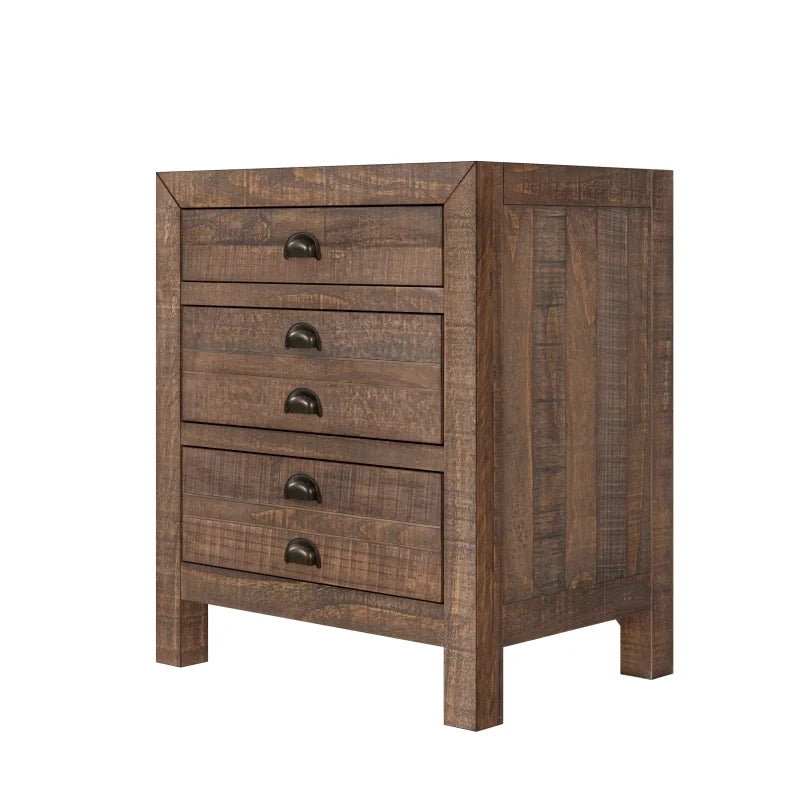 Rustic Farmhouse Style Three-Drawer Solid Pine Wood Nightstand  Set of 2,with Cup Pulls and Integrated Charge Station