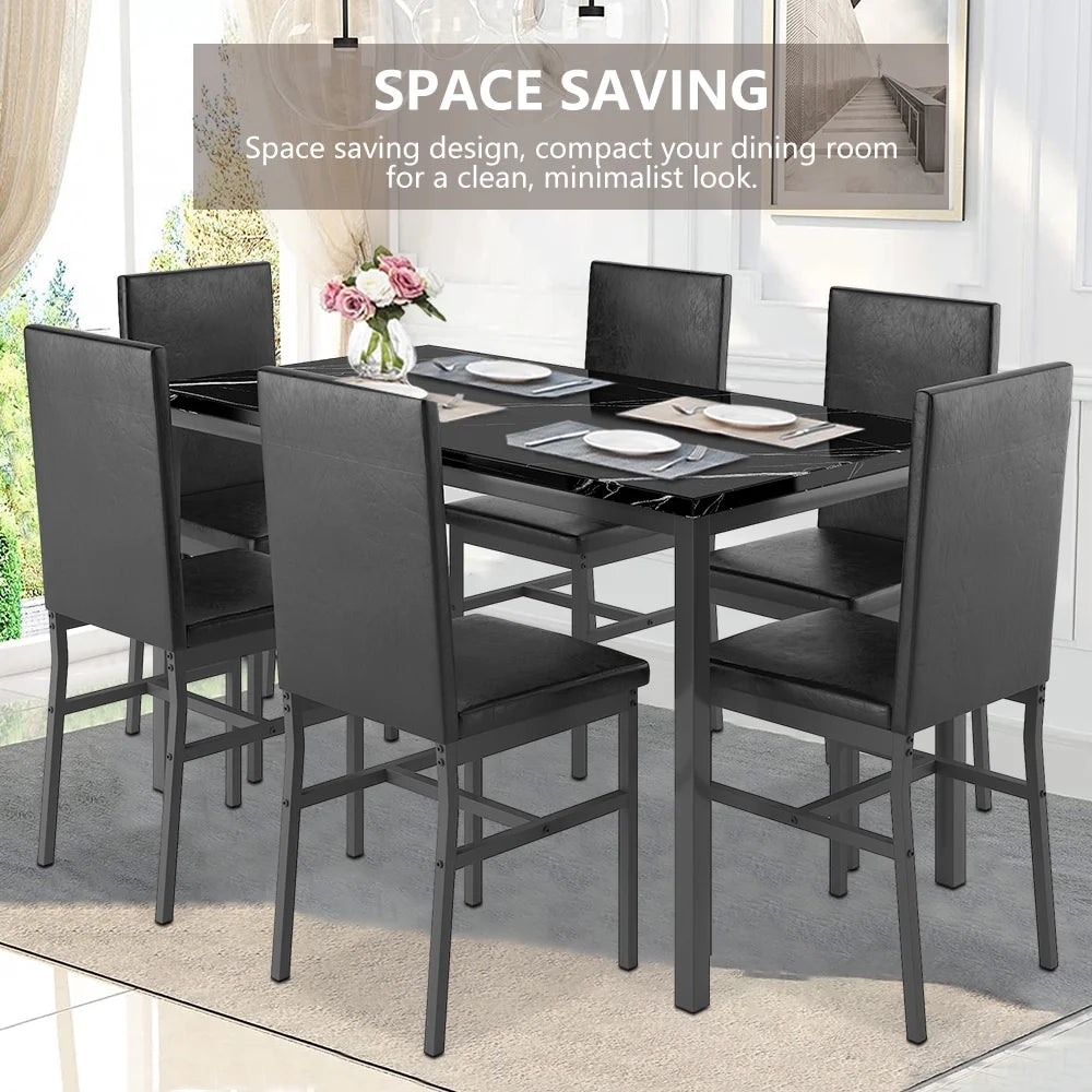 Dining Table with 6 High-back Upholstered Chairs, Modern Dinette Set, Dining Table and Chairs Set for 6 Persons, Small Home Kitchen Dining Table Set, Ideal for Apartment Breakfast Nook Bar, B1470
