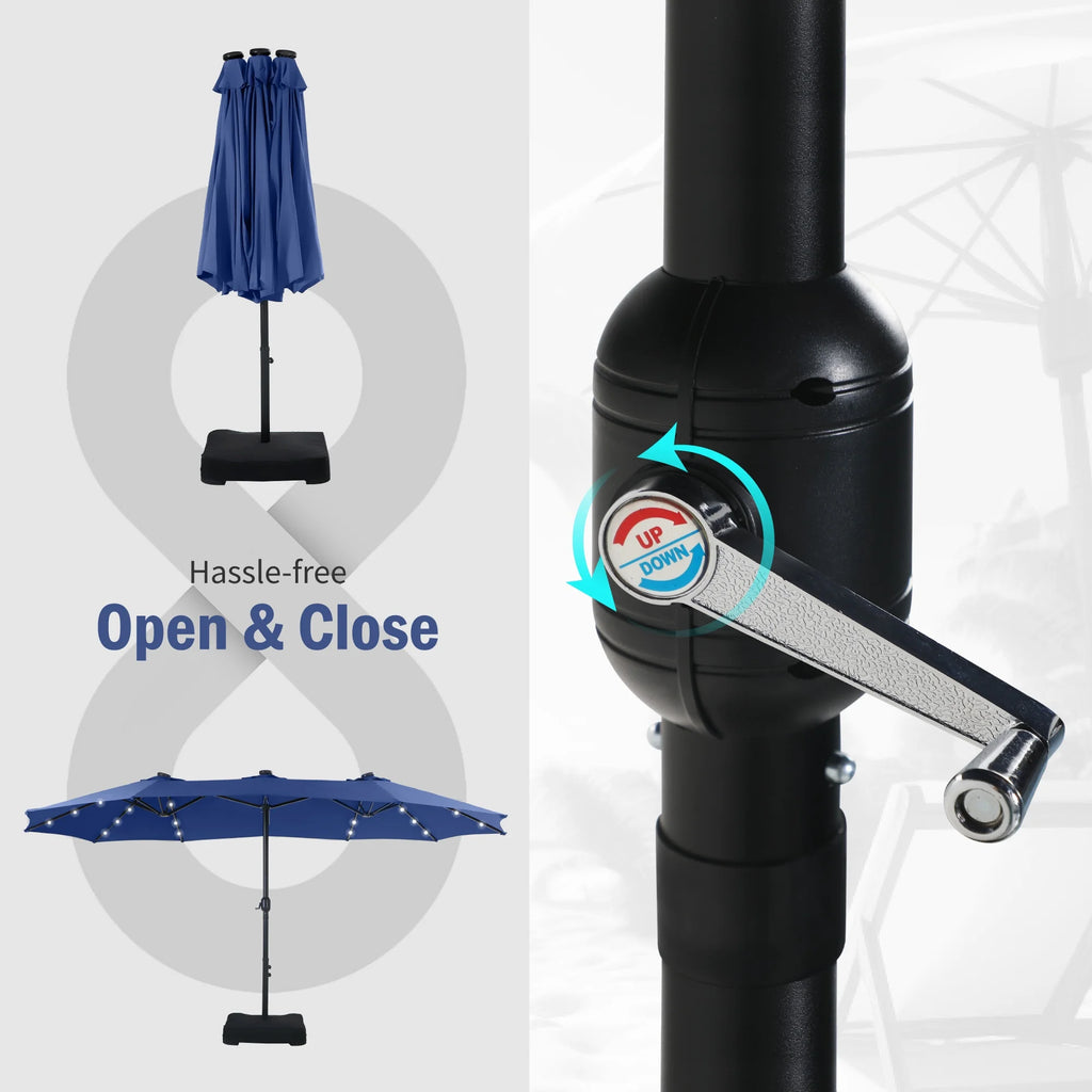 Summit Living 15 FT Double-Sided Solar Patio Umbrella with Base Large Outdoor Umbrella with LED Solar Lights - Haze Blue