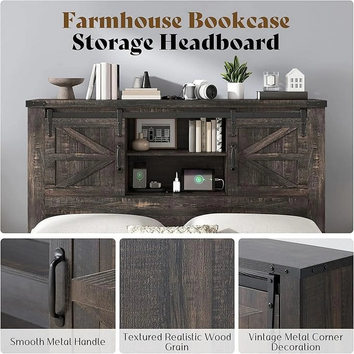 Merluxy Farmhouse Full Bed Frame with Storage Bookcase & Charging Station, Bedroom Furniture, Grey
