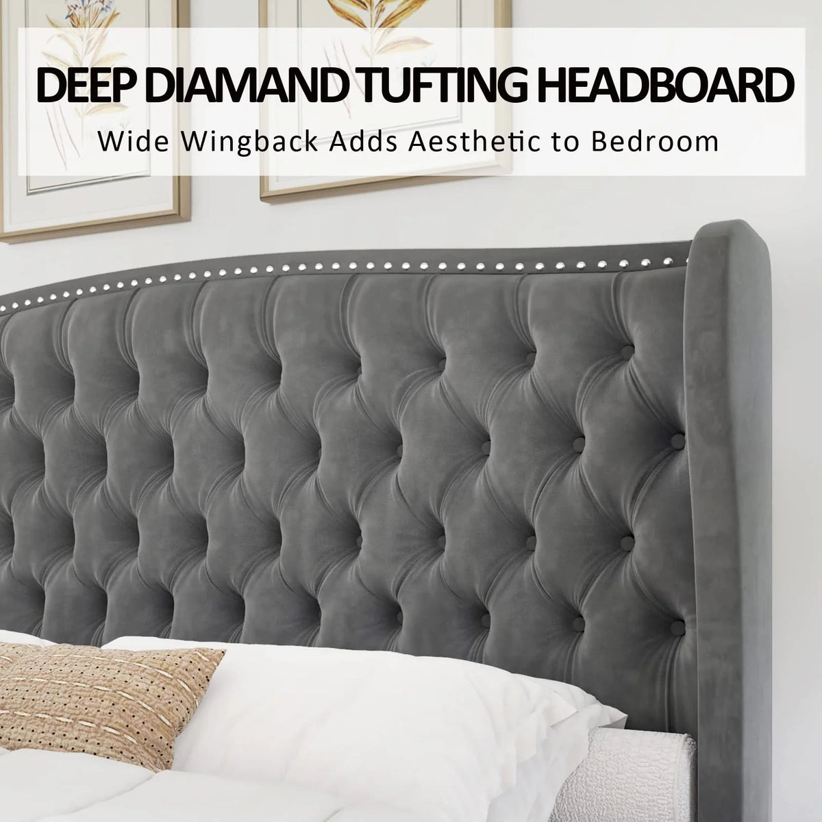 VANACC Queen Size Bed Frame, Velvet Upholstered Bed with Deep Button Tufted Wingback Headboard Grey