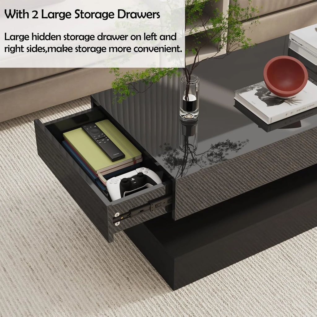 ChVans Large Black LED Coffee Table with 2 Storage Drawers, Modern High Gloss Coffee Table w/20 Colors LED Lights/APP Control, 2 Tiers Rectangle Large Living Room Furniture w/Marbling Print(47.3")