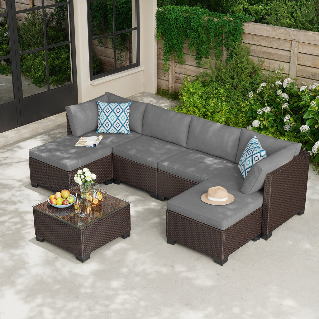 7 Piece Outdoor Patio Furniture Set, Asofer Rattan Wicker Outdoor Conversation Sectional Sofa Set, Gray