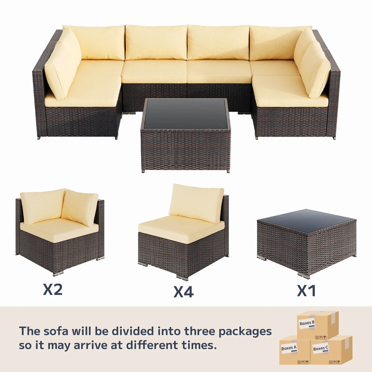 7 Piece Outdoor Patio Furniture Set, Asofer Rattan Wicker Outdoor Conversation Sectional Sofa Set, Gray