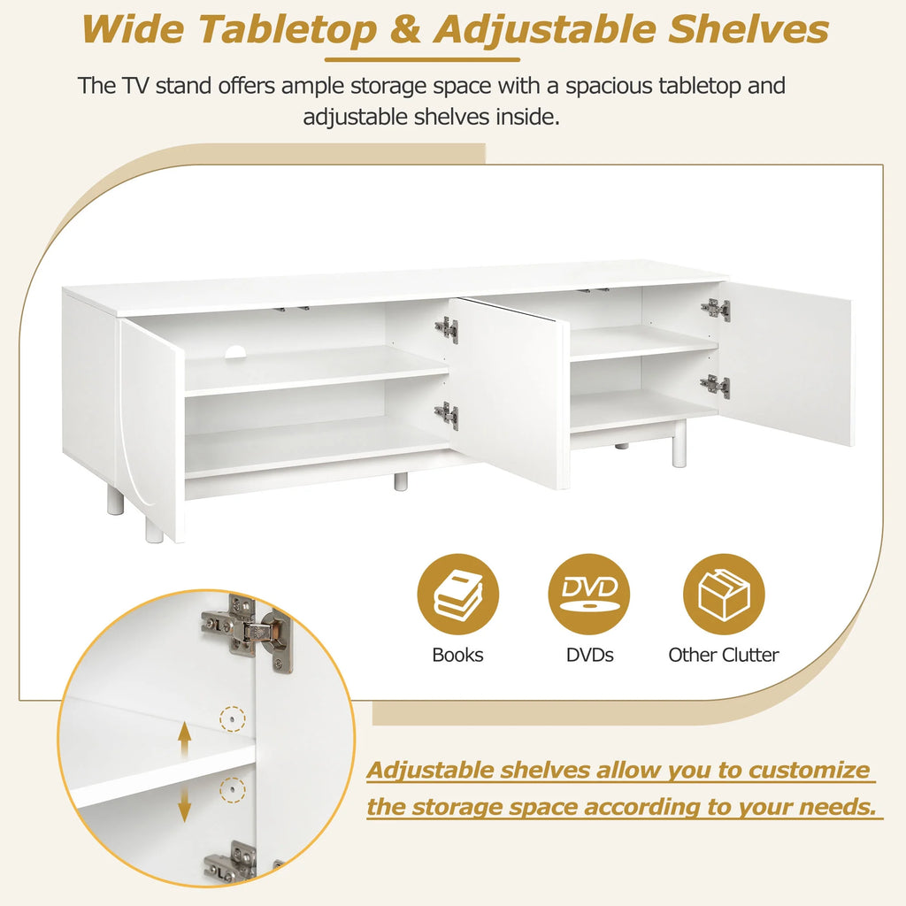 71" Graceful TV Stand with Arch Cabinets Minimalist Media Console for 78" TVs, White Entertainment Center with Solid Wood Legs & Adjustable Shelves