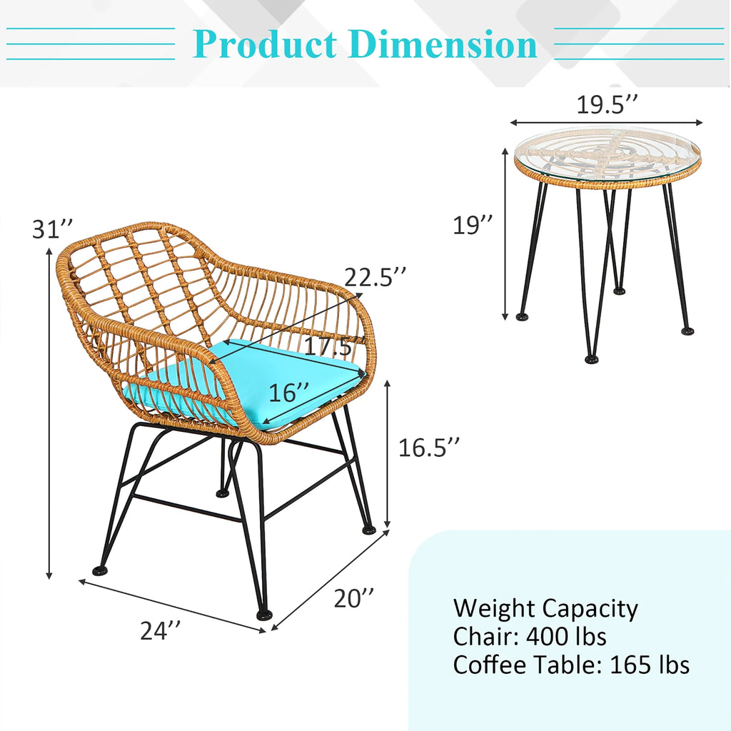 Costway 3PCS Patio Rattan Bistro Furniture Set Cushioned Chair Table Navy