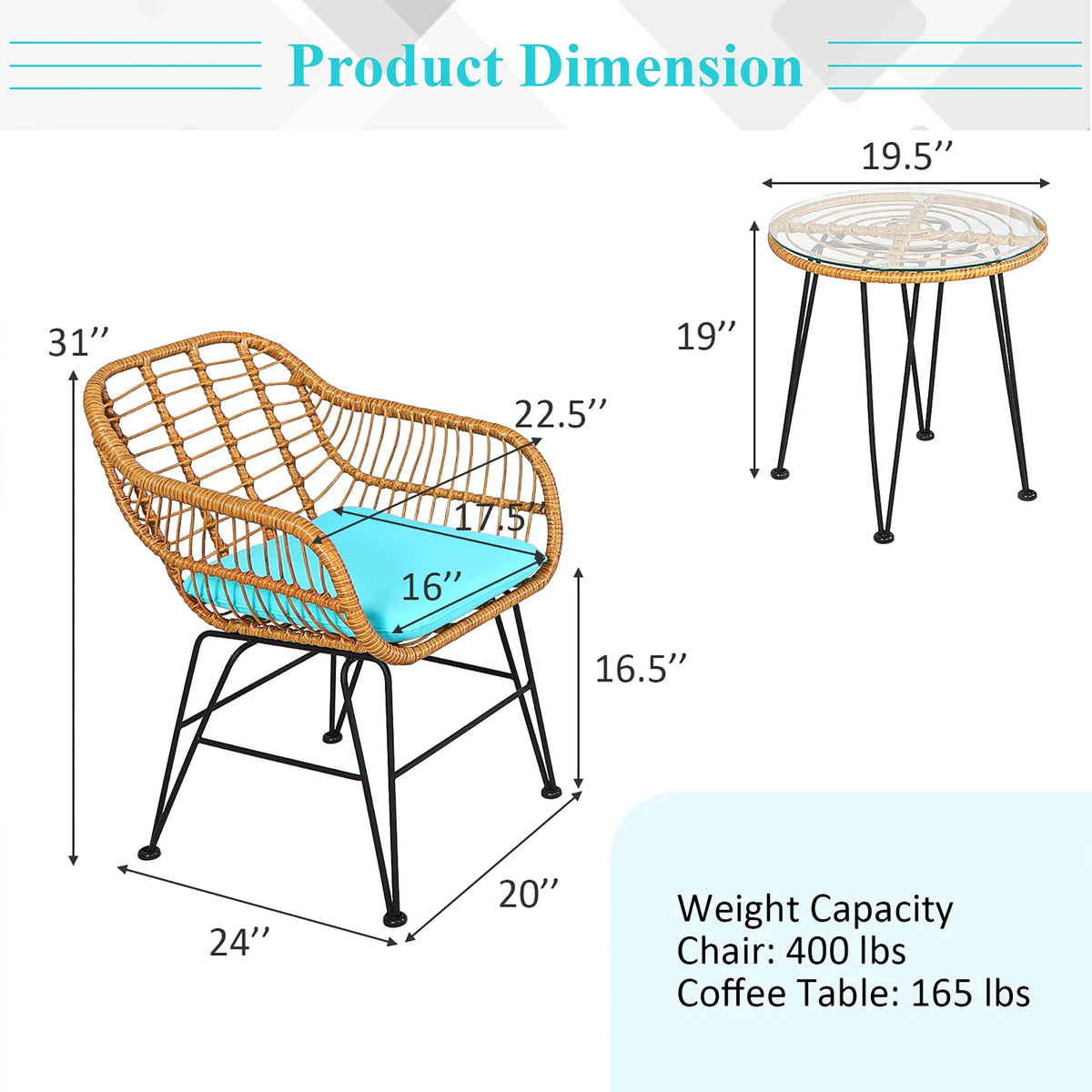Costway 3PCS Patio Rattan Bistro Furniture Set Cushioned Chair Table Navy