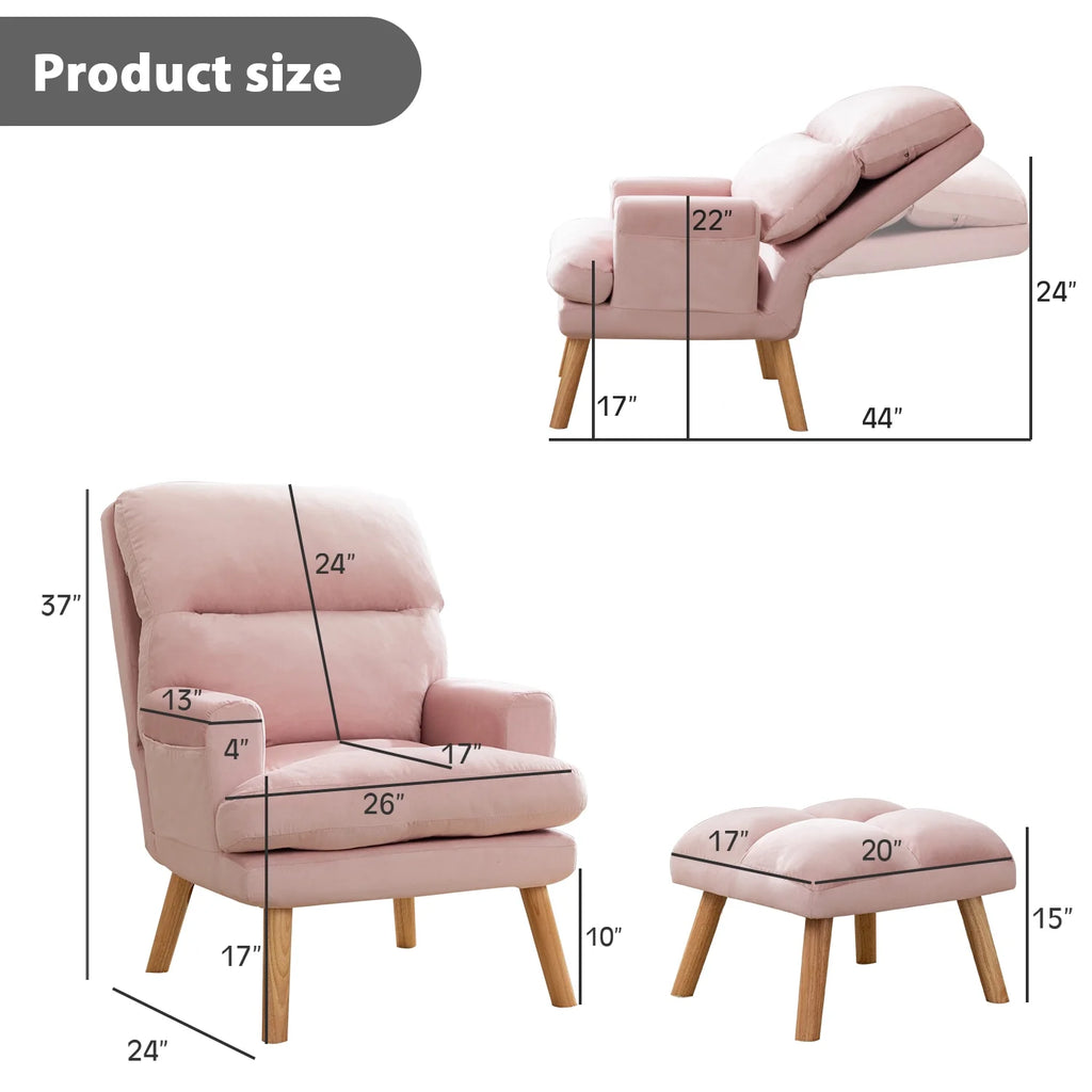 Bestier Adjustable Accent Chairs with Ottoman, Velvet Fabric Armchair for Bedroom Living Room, Comfy Lounge Chair with Padded Backrest and Side Pocket, Soft Reading Chair, Beige