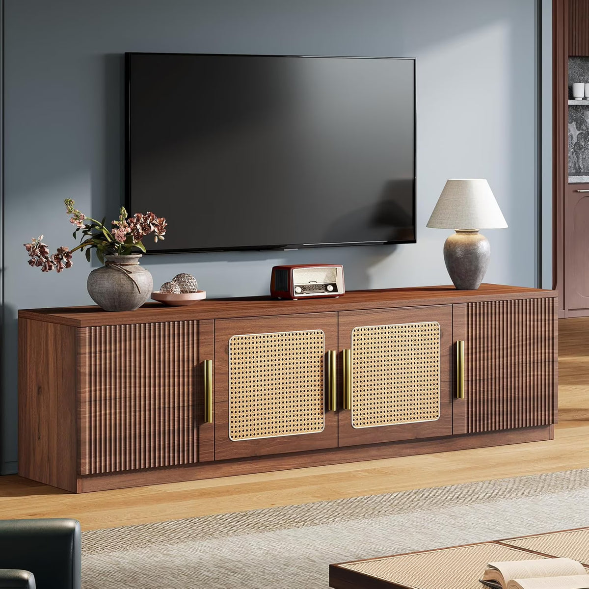 Tribesigns 70.9" TV Stand for Living Room, Mid Century Modern Entertainment Center with 6-Tier Storage Shelf