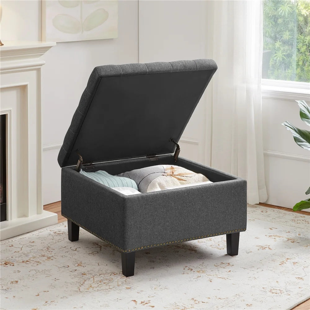Alden Design Modern Linen-like Storage Ottoman Bench with Button-Tufted for Entryway, Dark Gray
