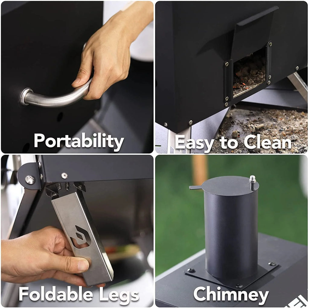 Pizzello Outdoor Pizza Oven Wood Burning for Cooking 2 Pizzas Outside Pizza Maker with Pizza Stone, Pizza Peel, Cover - Black + Silver