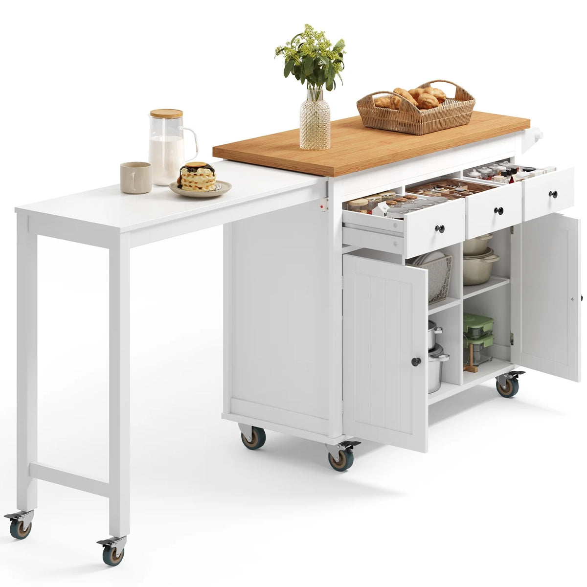 Noelse Rolling Kitchen Island with Drop Leaf Table and Hidden Trash Cabinet, Mobile Kitchen Cart with Storage Drawer, Adjustable Shelves & Rubberwood Countertop on Wheels, White