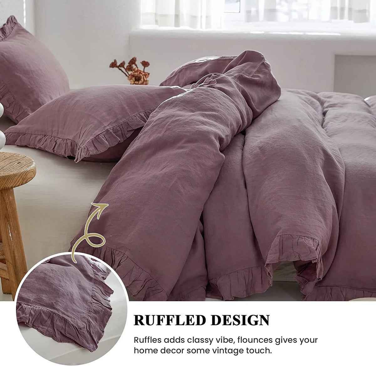 Simple&Opulence 100% Washed Linen Duvet Cover Set-3 Pieces Shabby Chic Premium Ruffled Bedding with 1 Comforter Cover and 2 Pillowshams France Flax High End Frill Sets Vintage Style(King, White)