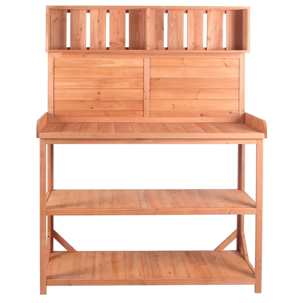 65" Outdoor Potting Bench Table, Farmhouse Wooden Garden Patio Workstation with 4 Storage Shelves and 3 Side Hooks, Multifunctional Potting Planting Table for Mudroom, Backyard, Natural