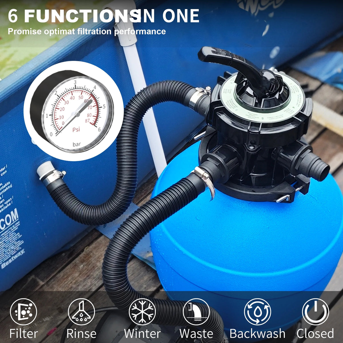 FOTING Sand Filter Pump for Above Ground Pool with Timer, 13in, Max 3800GPH for Pools Up to 13000GAL, 1HP, 6-Way Valve, Enhanced Circulation for Crystal-Clear Pool