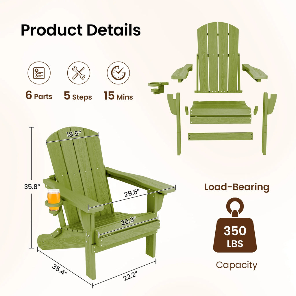 SERWALL Outdoor Adjustable Folding HDPE Adirondack Chairs Set of 2 with Cup Holder, Gray