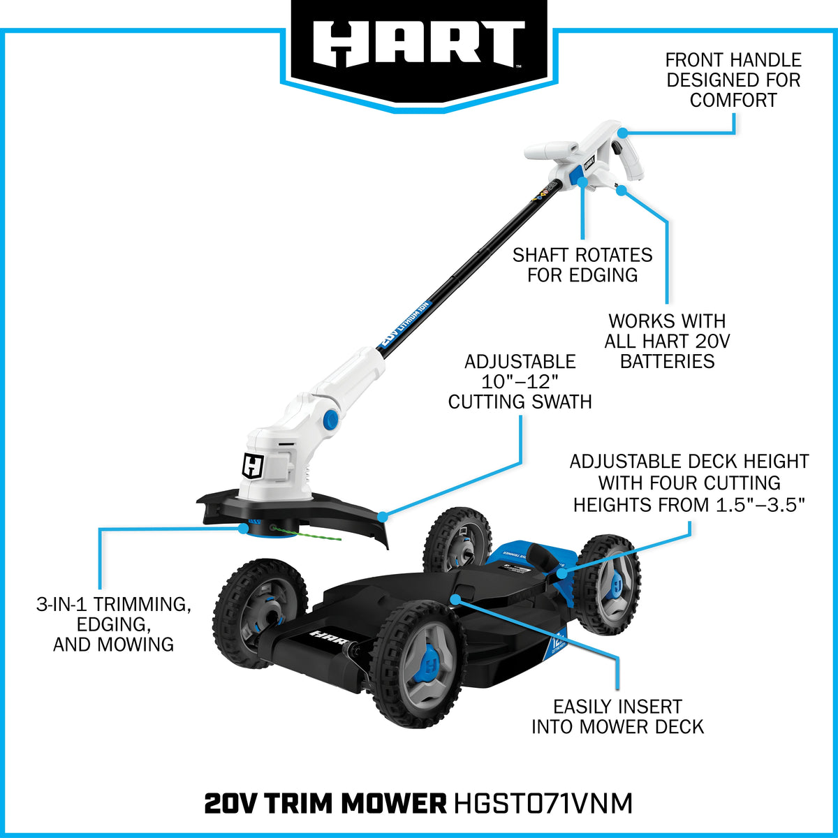HART 20V 12" Cordless Trim Mower Kit, (1) 4.0Ah Lithium-Ion Battery